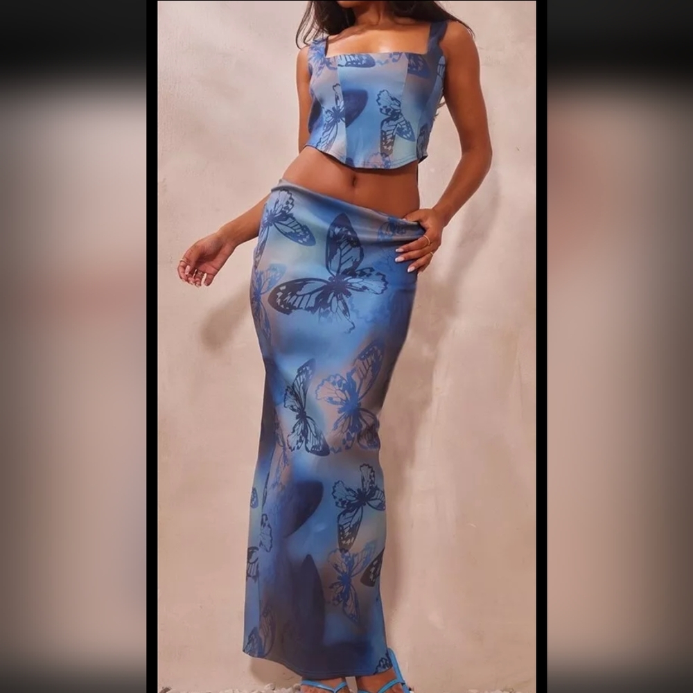 PRETTYLITTLETHING Blue Butterfly Corset Top US 6 Maxi Skirt 8 Set Sold Out Style